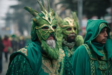 People celebrating wearing green costumes festival mood
