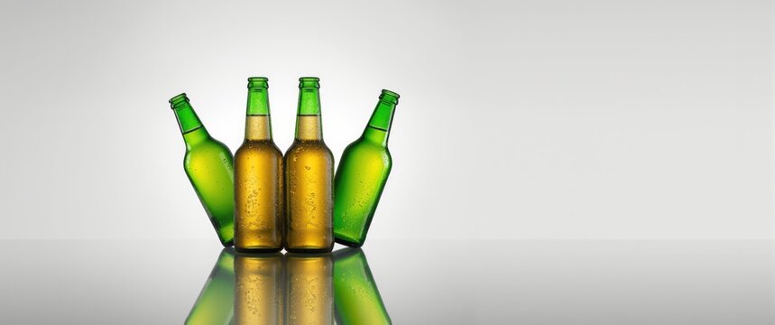 Six green Beer Bottles in three different views, isolated over white background with reflection
