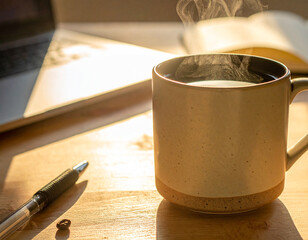 Steaming coffee mug on a wooden desk with laptop and notebook