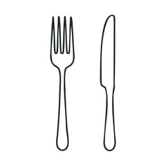 Set of cutlery flat vector illustration in outline style fork and knife for food eating restaurant kitchen dishware isolated on white background