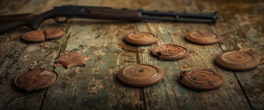 Wooden background with clay target plates for shooting