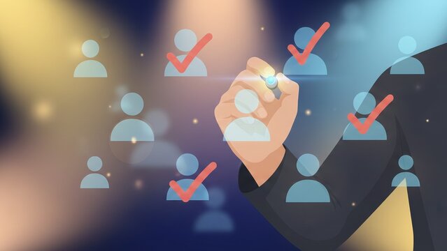 A hand selecting people icons with a checkmarks, showing Delegation, approval process, HR analytics selection concept