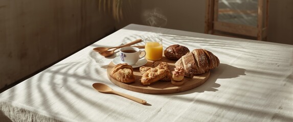 Minimalist breakfast setup featuring empty frame, bakery, herbal tea, and wooden spoons on cotton tablecloth with palm leaf shadow. Mock up, copy space. Vertical orientation