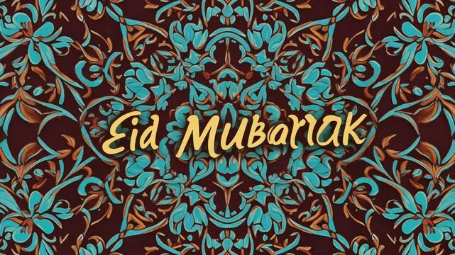 Intricate Floral Rumi Motif. Islamic Culture &ndash; Eid Mubarak. The phrase "Eid Mubarak" gracefully woven into a dense, continuous Persian Rumi (floral/vine) motif rendered in classic turquoise.
