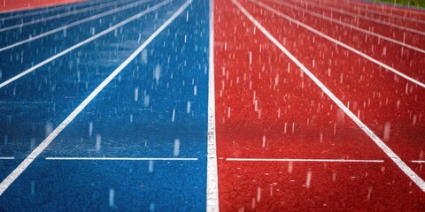 Wet running track divided into blue and red sections, showcasing rain falling on the vibrant surfaces.