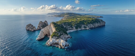 Scenic aerial view of Crimea's rugged mountains and vivid blue waters in sunny weather