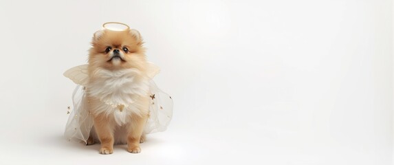 Cute pomeranian puppy in angel costume looking up with reflection on white background