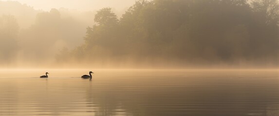 As morning fog covers the lake, two wild birds swim gracefully on the water while a great crested grebe moves under the golden dawn sunlight, with trees along the shore adding to the stunning view