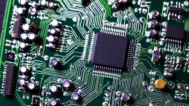 Close-up of a circuit board featuring a central microchip surrounded by intricate pathways and electronic components. perfect for use in technology, engineering, and electronic design themes.