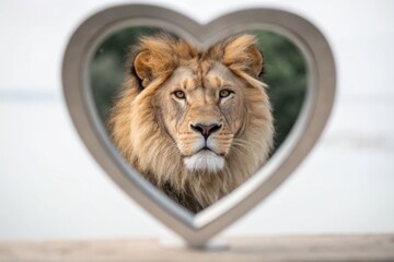 A lion's face is viewed through a heart-shaped frame, blending love and wildlife in a unique composition.