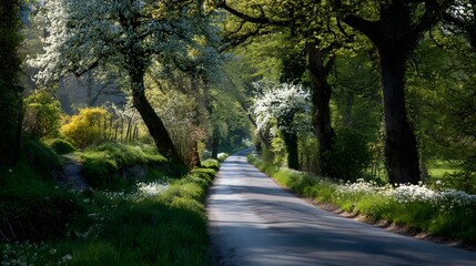 Spring countryside road lined with green trees