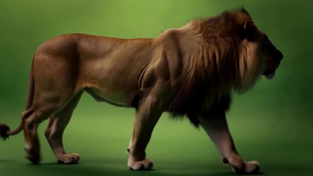 Lion walks on green background