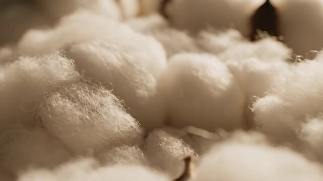 Close up of fluffy white cotton bolls with visible fibers and texture.