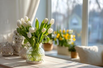 Spring home interior with flowers and bright light