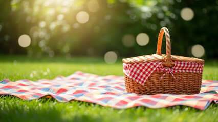 Fototapeta premium Red and white gingham picnic basket on colorful blanket in grassy outdoor setting social media thumbnail poster banner download 2026 2027
