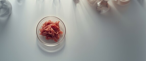 Artificial Meat Laboratory Study: Minced Meat in Glass Petri Dish &acirc;&euro;&ldquo; Top View of Chemical Experiment