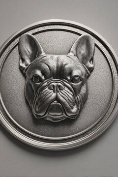 3D render of a French bulldog emblem on a brushed metal badge with beveled edge, isolated on a clean backdrop