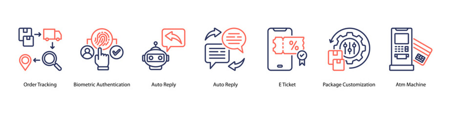 Obraz premium Secure Digital Access web banner icon vector illustration featuring Order Tracking, Biometric Authentication, Auto Reply, Auto Reply, E Ticket, Package Customization, and Atm Machine.