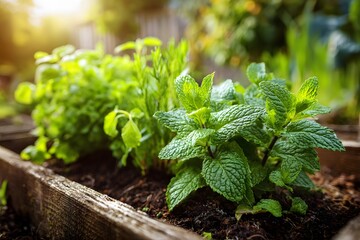 Fresh spring herbs growing in garden natural light