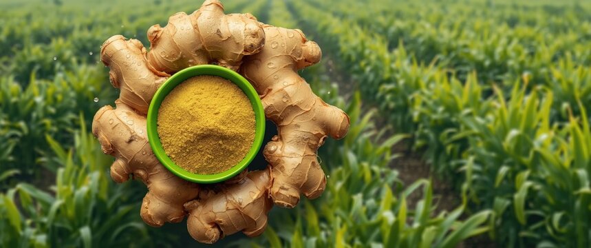 Top view of ginger root and ground ginger in green bowl, fresh ginger plant farm in agricultural field