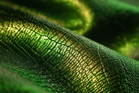 Abstract green faux leather with shiny scale texture in close-up