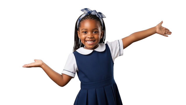 Happy young African American girl in school uniform with arms outstretched.