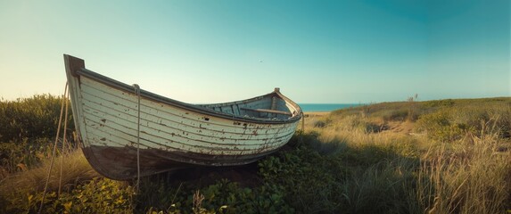 Old, decayed rowing boat left on land surrounded by water, sky, and nature in summer