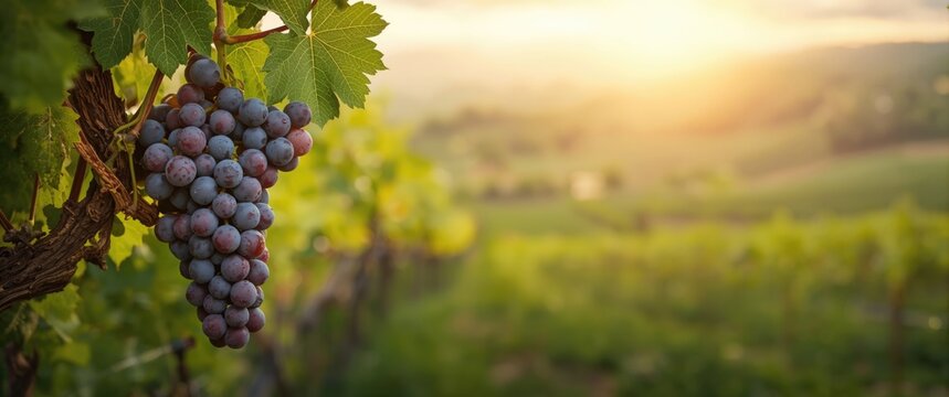 Ripe grapes and leaves on a plant in a summer vineyard setting with trees and landscape