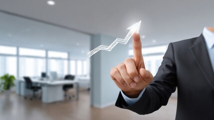 Businessperson touching rising digital graph symbolizing performance, strategy and corporate progress in minimalist workspace