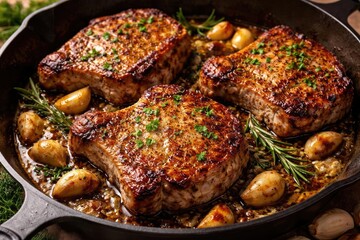 Skillet seared pork chops with garlic delivering a protein rich feast