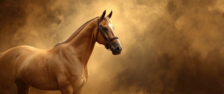 Andalusian horse in light smoke with halter, light bay color, space for text