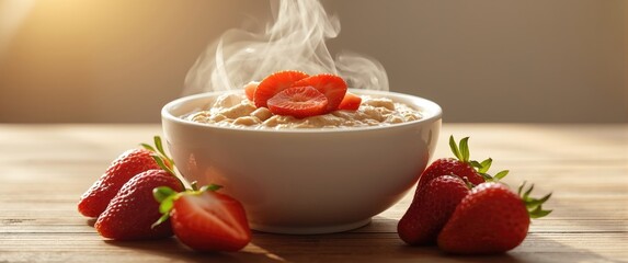 Healthy breakfast featuring strawberries and oatmeal in the morning