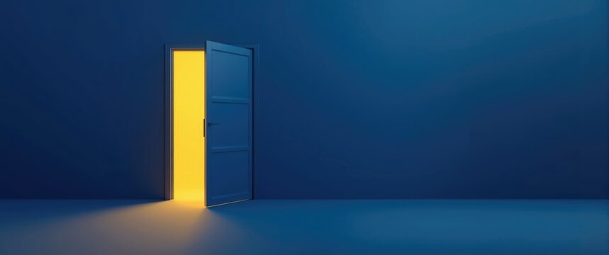 Open door with yellow light inside, isolated on blue background, illustrating room interior design elements and modern minimal style, symbolizing opportunity