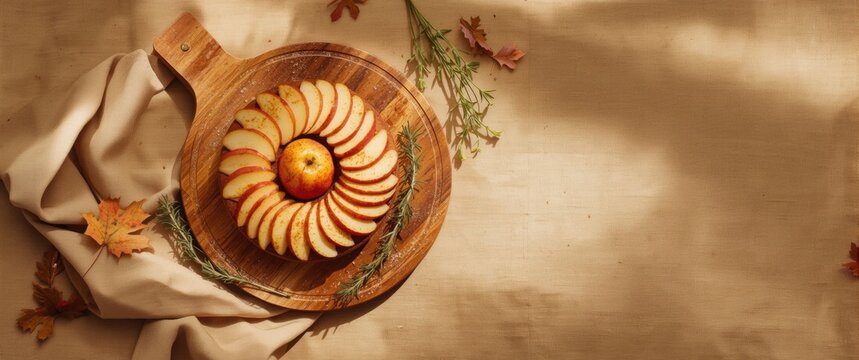 A wooden cutting board displaying a fruit cake, muffin, or pie in flat lay style