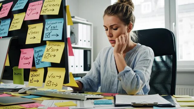 Young woman feeling stressed and overwhelmed at a cluttered office desk. Employee suffering from burnout with too many sticky notes and tasks. Workload and disorganization concept