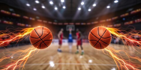 Dynamic basketball scene with two spinning balls, vibrant trails, and players in the background on a polished court.