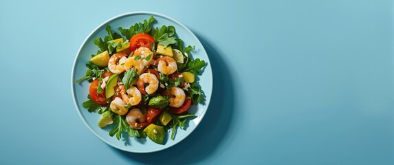 Naklejka premium Overhead shot of a shrimp salad featuring spring vegetables such as arugula, tomato, avocado, and lemon dressing, served on a blue table with space for copy