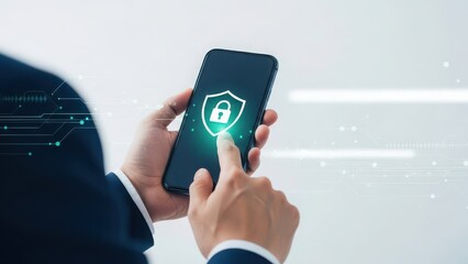 Businessman holding smartphone with security lock icon on screen for cyber protection