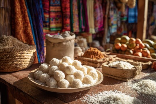 Bite-sized cocadas arranged on ceramic dish in a colorful market scene