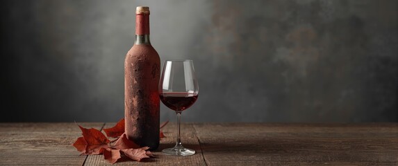 Obraz premium Red seasoned wine in a dusty bottle along with an empty glass on a wooden table, ready for your message