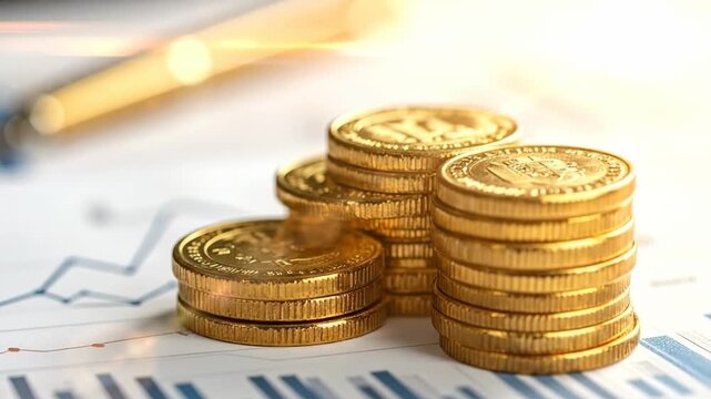Financial growth concept with golden coins stacked on a rising graph chart.
