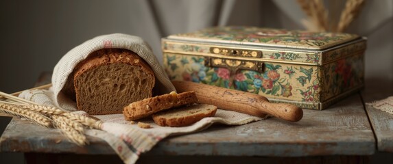 Freshly baked bread wrapped in a kitchen cloth, accompanied by bread slices and a rolling pin, with a beautiful decoupage box partially visible, selective focus