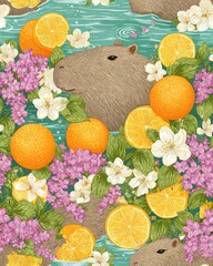 Cute Capybara Relaxing in Water with Oranges and Flowers, Whimsical Seamless Pattern