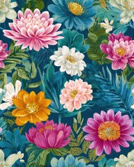 Vibrant seamless floral pattern with colorful, detailed flowers on a dark blue background. Exotic botanical garden illustration for wallpaper and textiles.