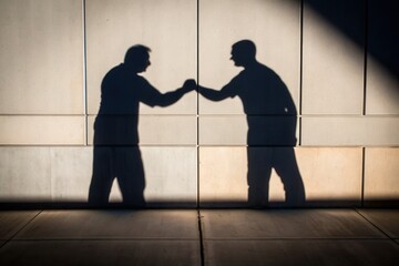 Two individuals casting shadows while fist bumping against a wall, symbolizing camaraderie and connection.