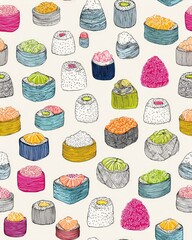Vibrant Hand-Drawn Sushi Seamless Pattern. Colorful Japanese Food Illustration Background with Onigiri, Maki, and Nigiri.