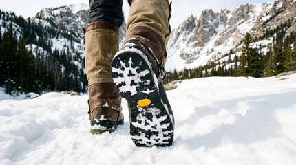 Person Trekking through Deep Snow in Mountain Landscape