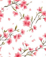 Elegant Watercolor Cherry Blossom Seamless Pattern. Japanese Sakura Flower on White Background. Spring Floral Illustration.