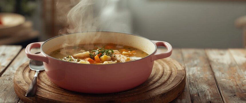 Close-up of nourishing soup in pink pan with ingredients on wooden table