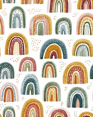 Watercolor Boho Rainbow Seamless Pattern. Hand Drawn Kids Background in Earthy Tones for Nursery Decor and Fabric.